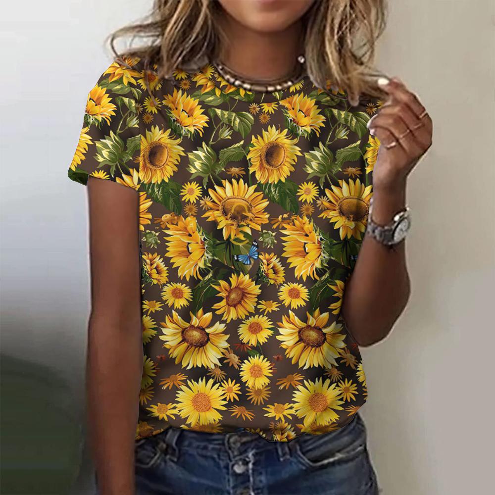 Футболка с 3D-цветочным принтом для женщин, новые футболки с круглым вырезом и коротким рукавом, женский повседневный пуловер для женщин, модные уличные топы