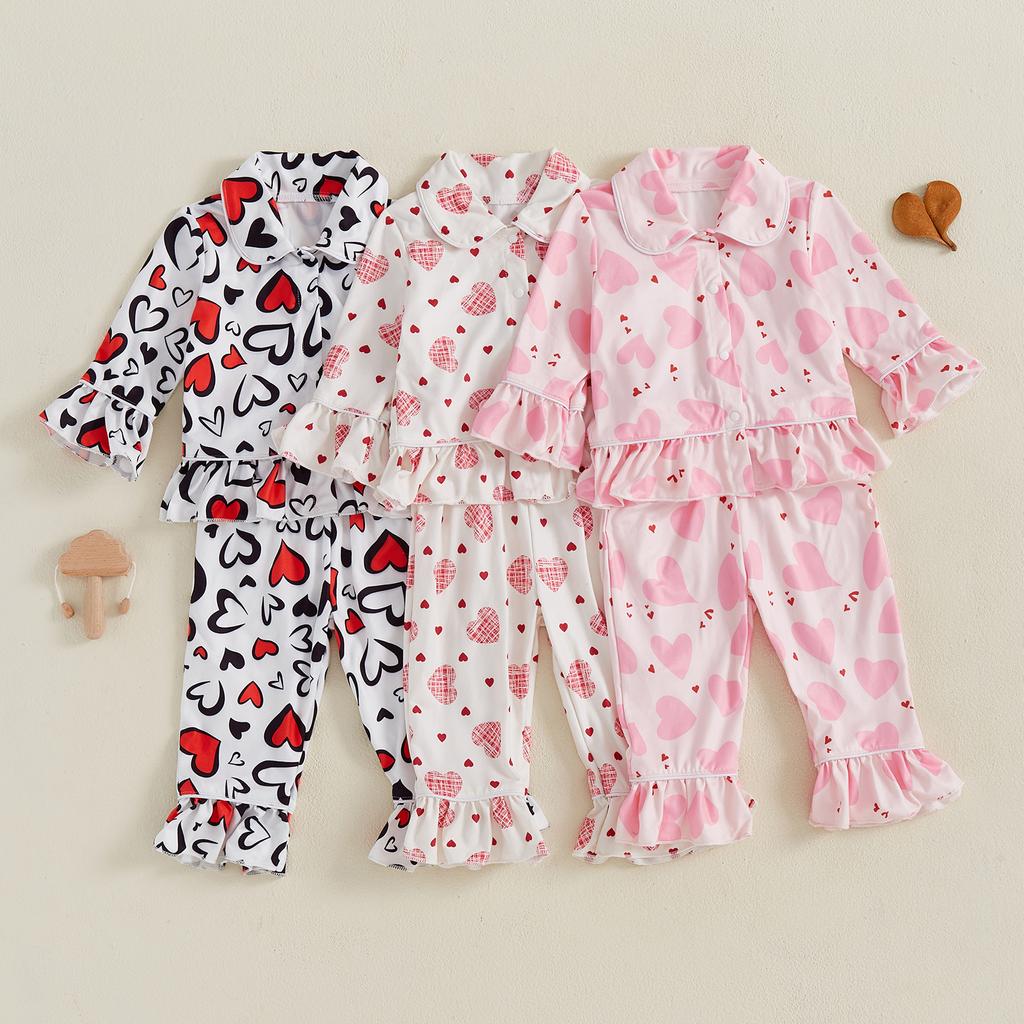 Kids Girls Pajamas Set Heart Print Long Sleeves Shirt and Elastic Pants for Loungewear Sleepwear
