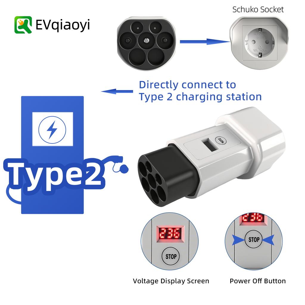 EVqiaoyi Type2 to Type1 EV Charging Adapter 32A 7KW Portable Converter Car Accessories for Type1 Electric Vehicles