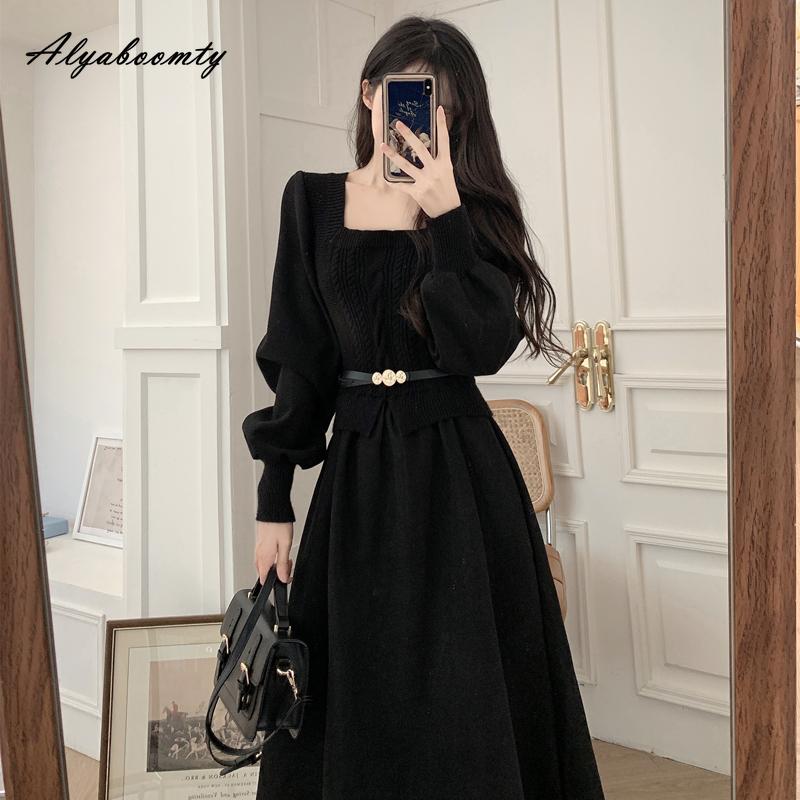 Корейский стиль Осень Зима Женское миди-платье Квадратный вырез Вязаный пэчворк Повседневное свободное платье с поясом Элегантное женственное винтажное платье