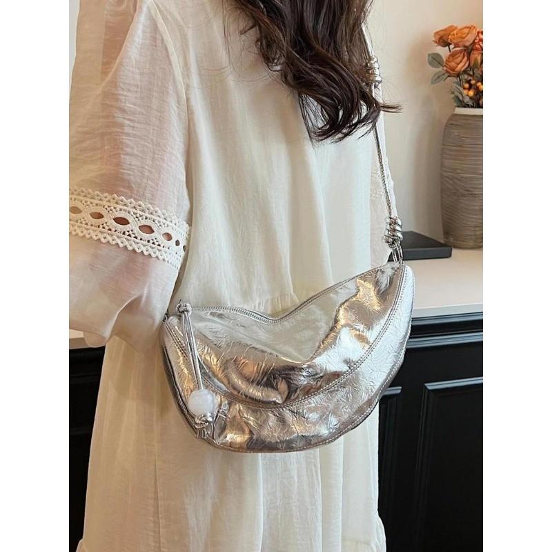 IELGY Silver Lightweight Exquisite All-Match Soft Leather Dumpling Bag Shoulder Messenger Bag
