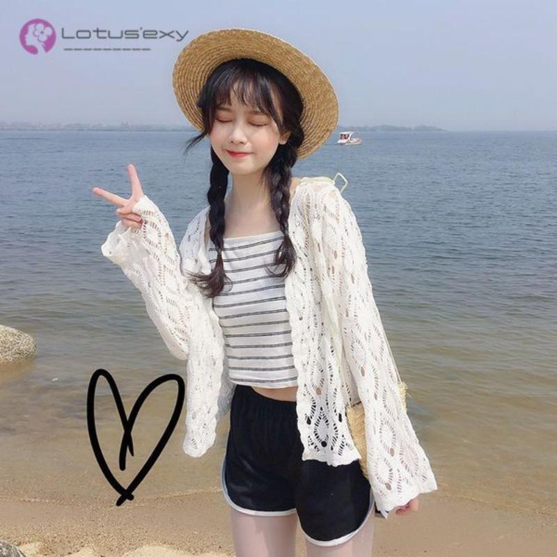 Вязаный кардиган с кондиционером, женская летняя одежда с рукавами, новая свободная шаль с полым верхом из сетчатого отверстия, солнцезащитная куртка