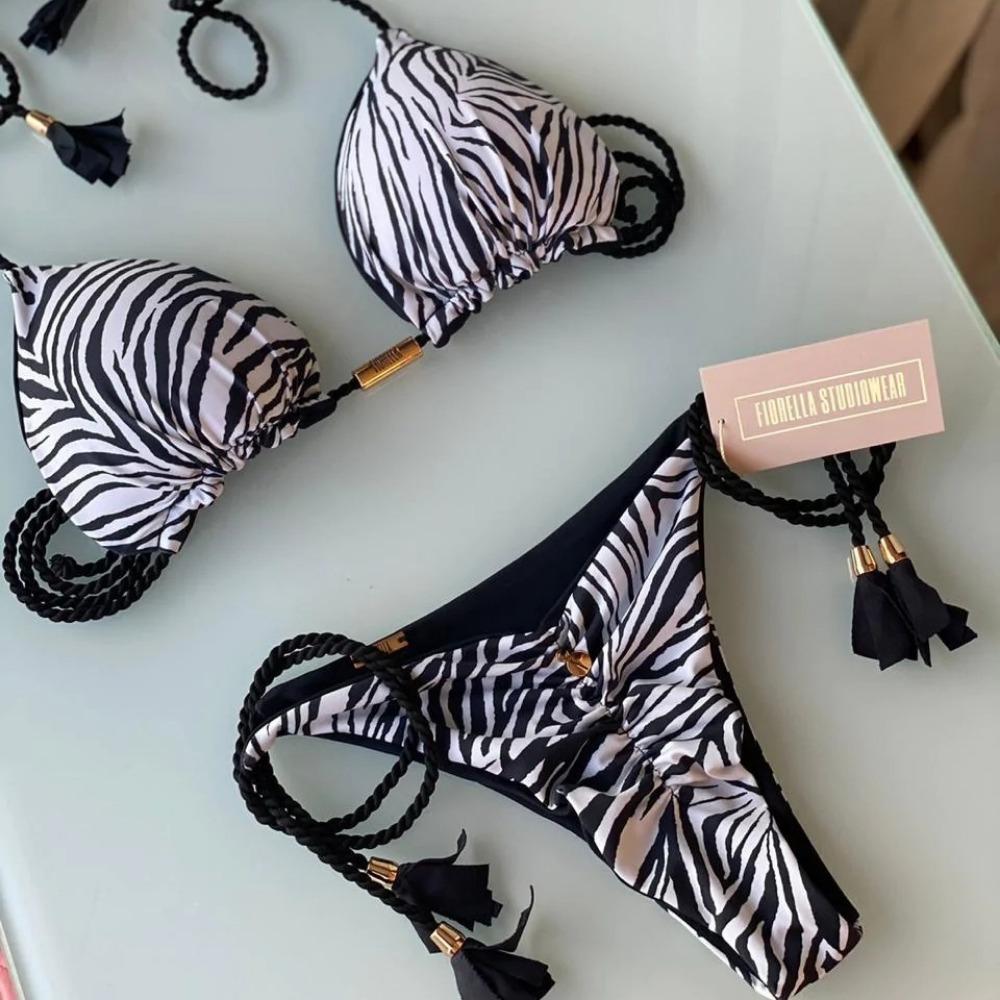 Европейский и американский женский купальник-бикини с треугольной сумкой, плетеный, однотонный, сексуальный, с бахромой и подвеской