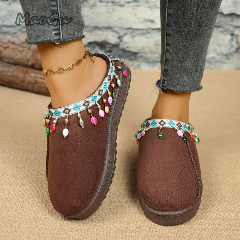 Fashion Bohemia Fringed Decoration Cotton Slippers Women 2025 Winter Comfort Thick Bottom Non Slippers Warm Short Plush Slides Size36-44