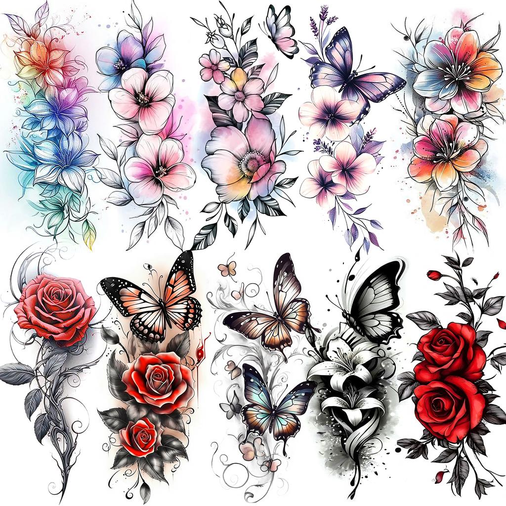 1 Sheet Colorful 3D Rose Flower Butterfly Temporary Tattoos For Women Adults Hand Foot, Waterproof Realistic Fake Tattoo Sticker