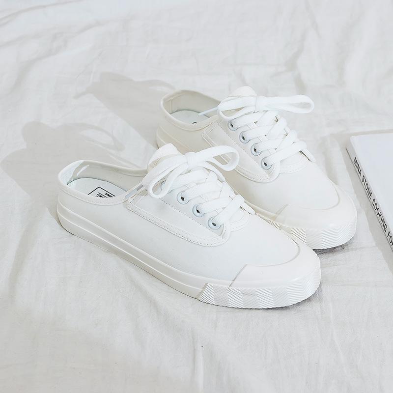 2021 Новые парусиновые туфли без каблука, женские полускользящие корейские туфли для ленивых, студенческие белые туфли с одной педалью, полуподдерживающие туфли для досок