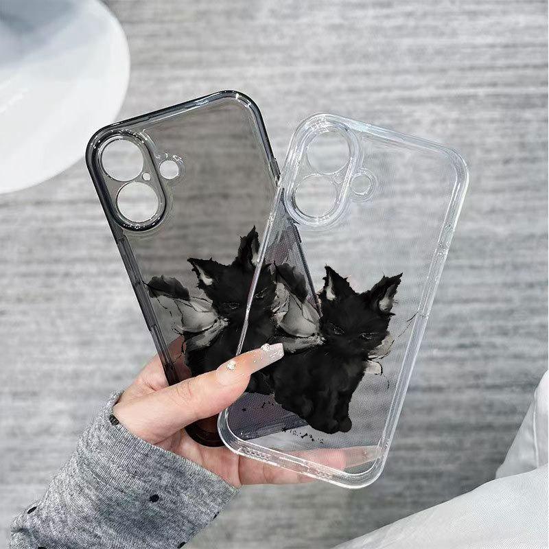 Чехол для iPhone с ангелом и черным котом для 13, 14, 15 Pro Max, 16, 17 Pro - Милый дизайн с полной оберткой