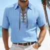 Cotton Linen 100% Men's Fashion Short-sleeved Shirt Casual Solid Color Lapel Men's V-neck Short-sleeved Shirt