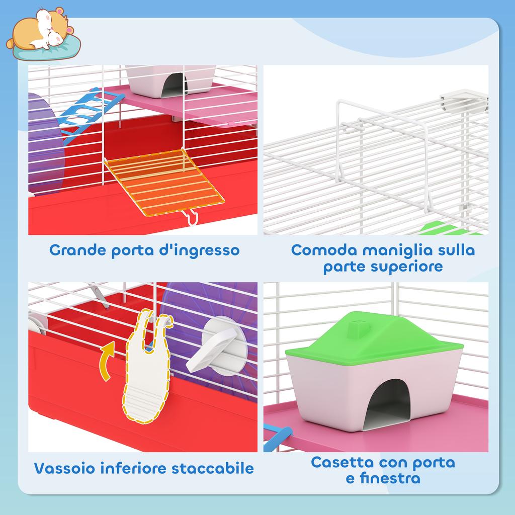2-Tier Metal and PP Hamster Cage with House, Water Tank and Wheel, 47x30x27 cm