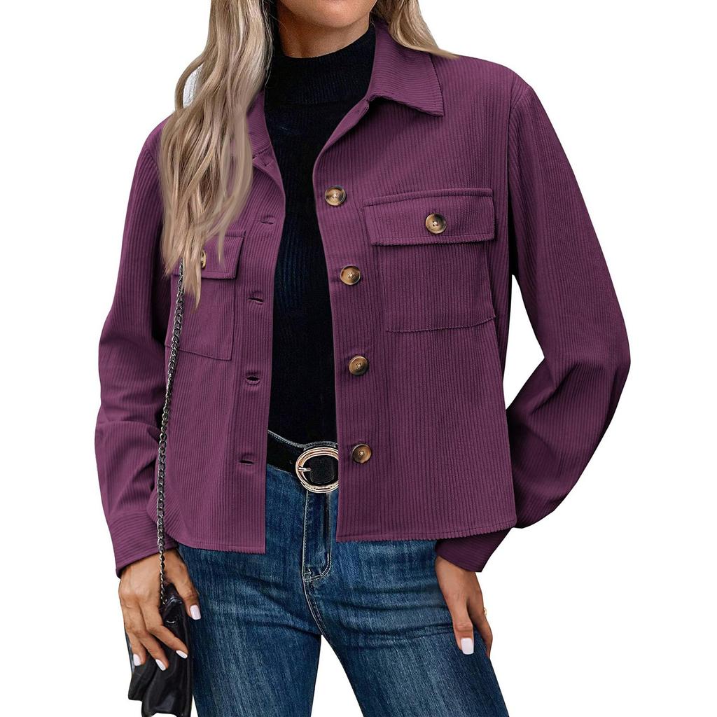 Women's Solid Color Casual Short Corduroy Button Jacket