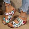 Весенние новые женские туфли, сандалии с принтом на двойной застежке, с круглым носком, на танкетке, большого размера, женские шлепанцы