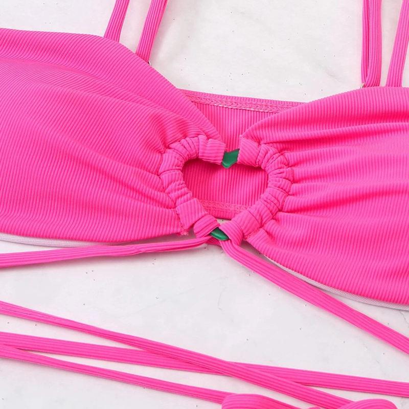 Swimsuit Women's Split Three Piece Set Solid Color Hollow Out Lace Up Sexy Bikini Sets