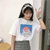 Летний топ FeUnisex Fashion Harajuku Large Wave Japanese Print Fun Short Sleeve T Shirt Tops Tees
