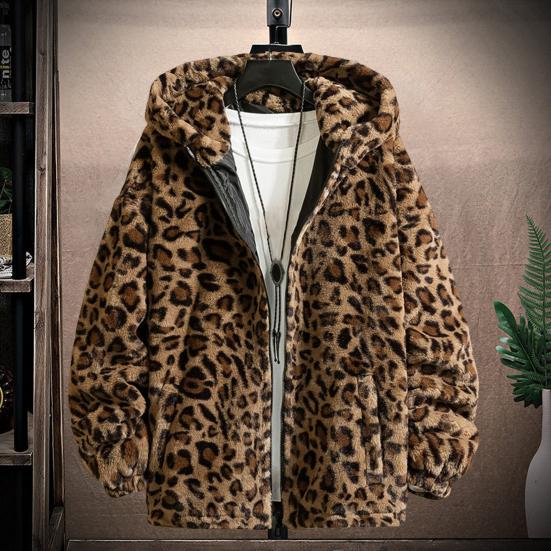 Leopard Print Long Sleeve Pockets Zipper Closure Men Coat Winter Thickened Double-sided Plush Hooded Outerwear
