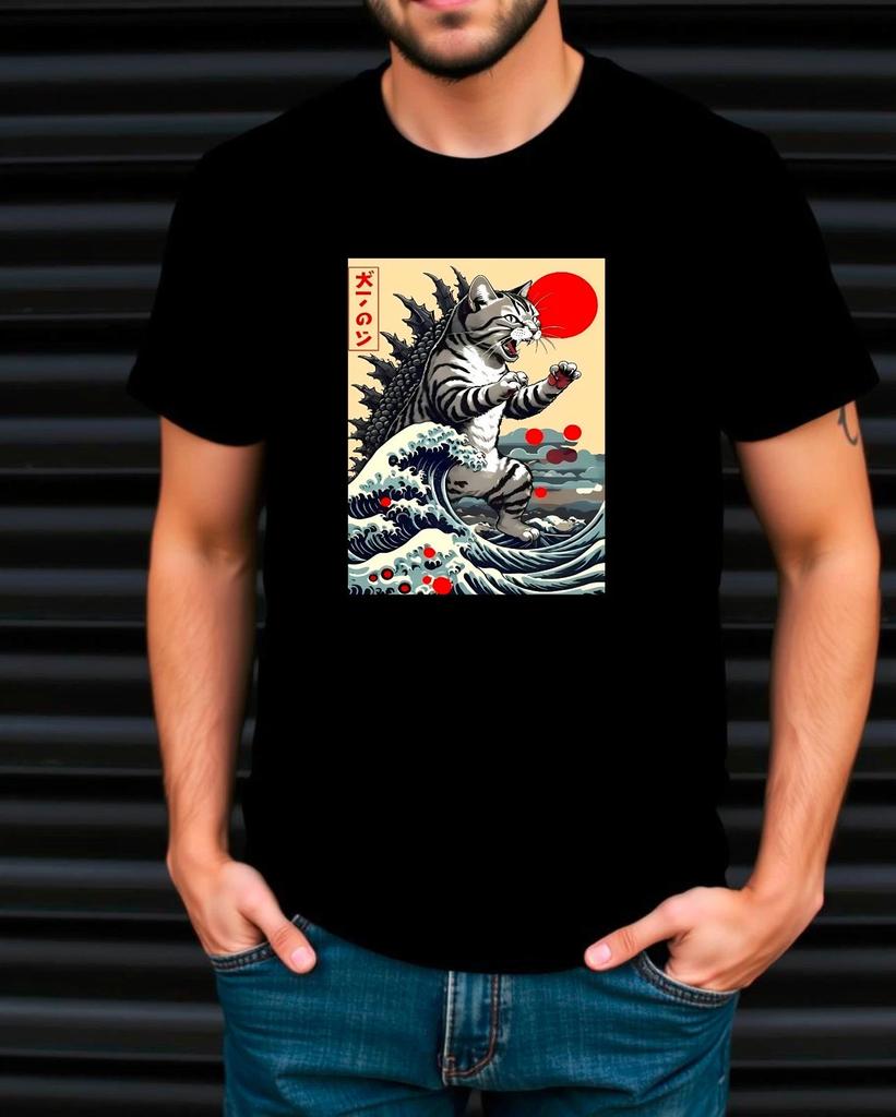 Catzilla Cat Japanese Funny T-Shirt, Men Funny Joke Novelty Gift Tee Top