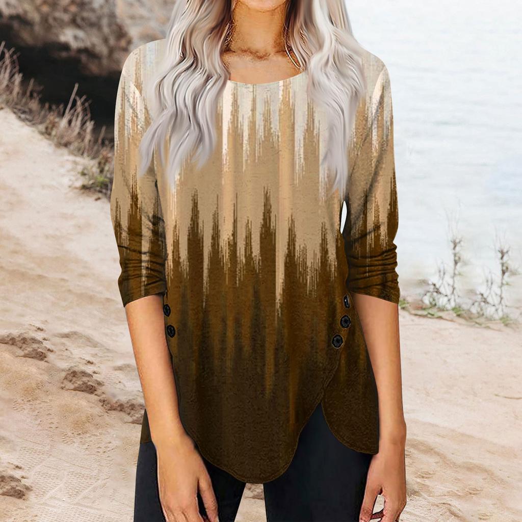 Женский повседневный топ с длинным рукавом и винтажным принтом, круглым вырезом, боковыми пуговицами, нестандартной формы, с длинными рукавами