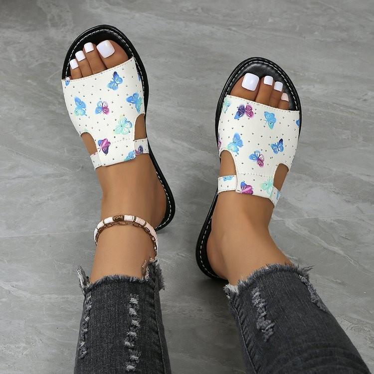 Модные летние новые сандалии с принтом бабочек на плоской подошве, легкие, дышащие, нескользящие