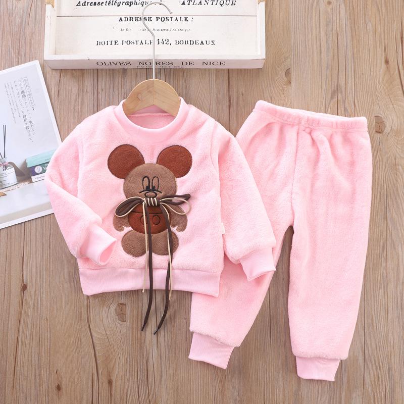 Children's Autumn and Winter Pajamas with Cartoon Bear Flannel Set of Home Clothes