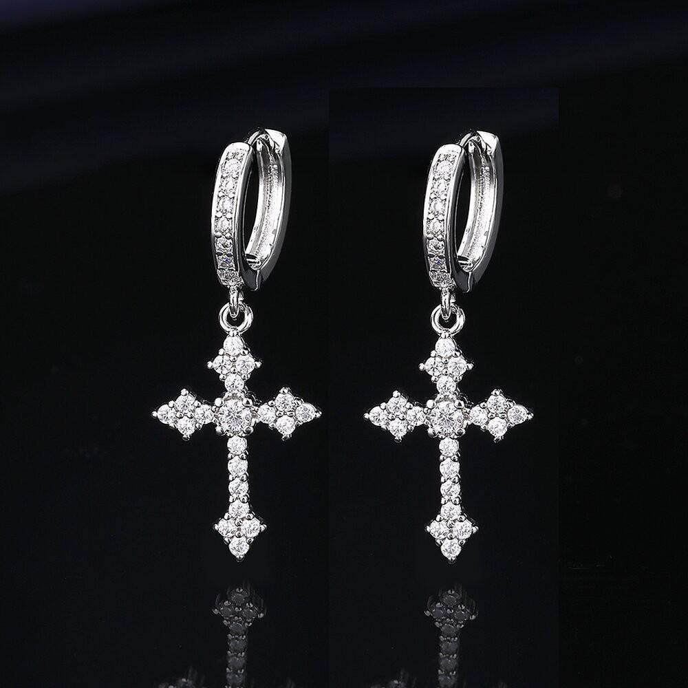 Classic European and American Zircon Inlaid Cross Drop Earrings for Women