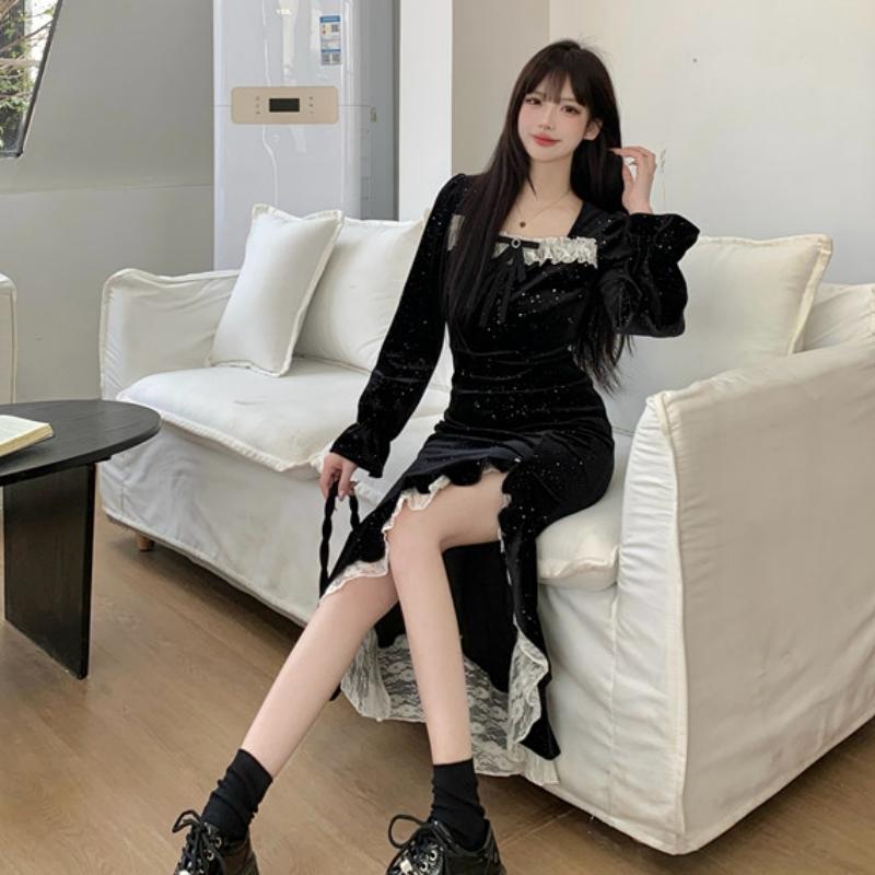 Женское весеннее винтажное вечернее платье, черные летние бархатные блестящие платья русалки, одежда в корейском стиле