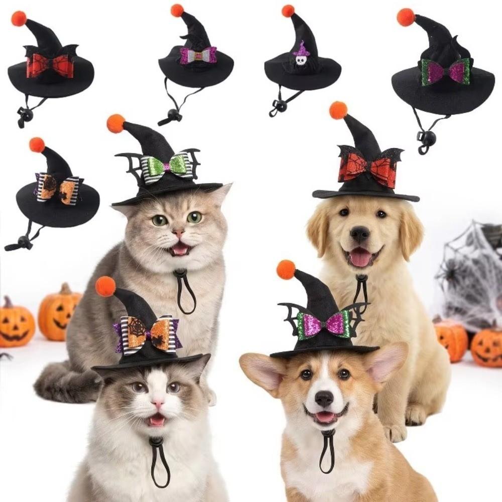 Pointed Brim Cat Witch Costume Cap Adjustable Strap Skeleton Spider Pet Hat  Holiday Decoration