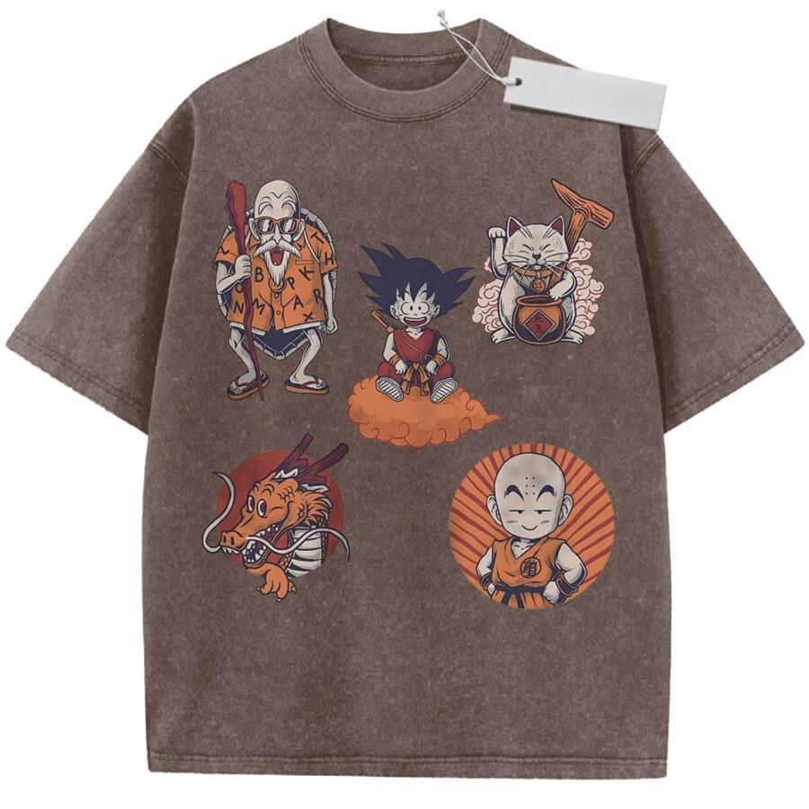 Unisex Washed Beige Vintage Tshirt Dragon Ball Master Roshi Goku Korin Shenron Oolong Highquality Fabric for Home Leisure