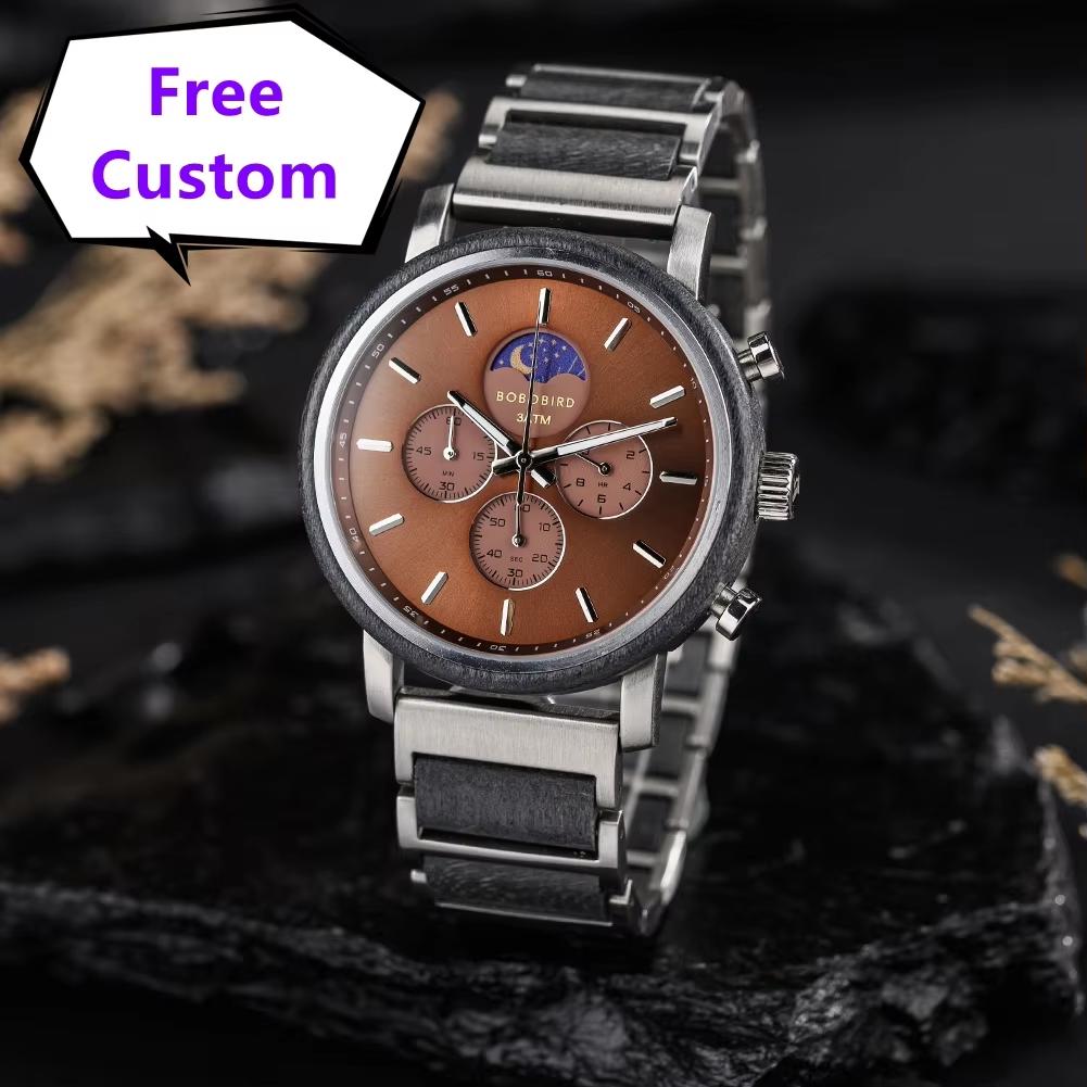 Wood Watch BOBO BIRD New Fashion Top Men Moon Phase Quartz Wristwatch Clock Engraved Watch Custom Logo Great Gift Box