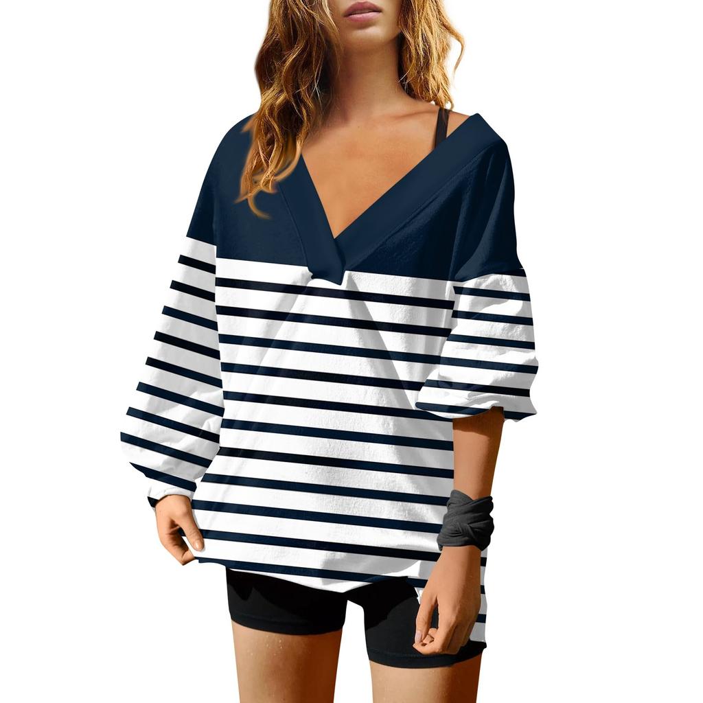 Женская мода полосатый принт V-образный вырез длинный рукав свободный пуловер свитшот топ