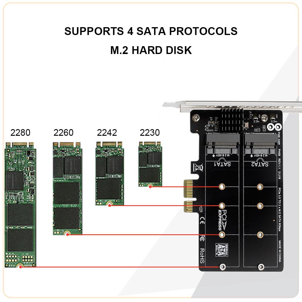 M.2 SATA To PCIE Dual-Disk Array Card Double Disc M2 SATA Extended Card RAID Adapter Board Support M.2 SSD 2230/42/60/80