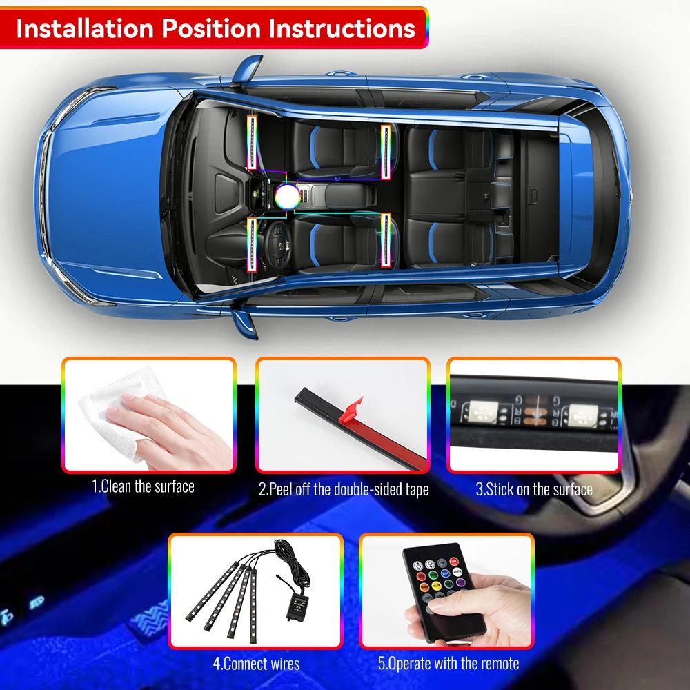 Неоновая 36 48 72 LED Подсветка салона автомобиля, беспроводной пульт, управление через музыкальное приложение, автоматическая RGB декоративная лампа для создания атмосферы