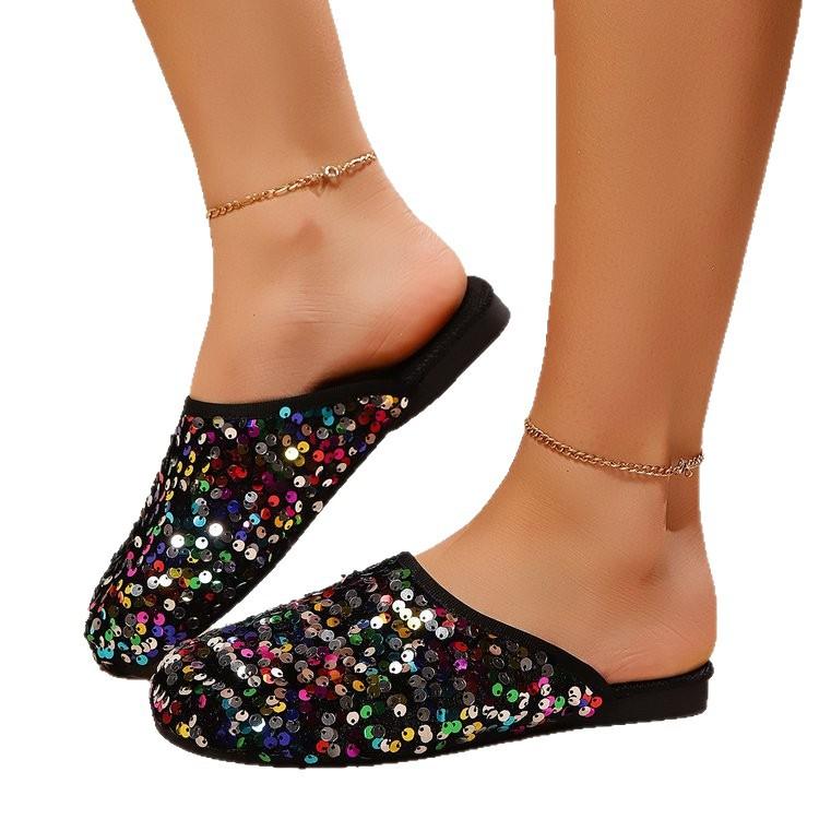 Foreign Trade Color Sequined Bag Head Half Slippers Women's Summer Wear 2025 New Flat-bottomed Large-size Lazy Cool Slippers