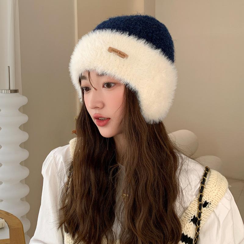 Autumn and Winter Big Head Circumference Knitted Wool Hat In Winter Warmth Thick Plush Hat Versatile Contrasting Ear Protection Cold Hat