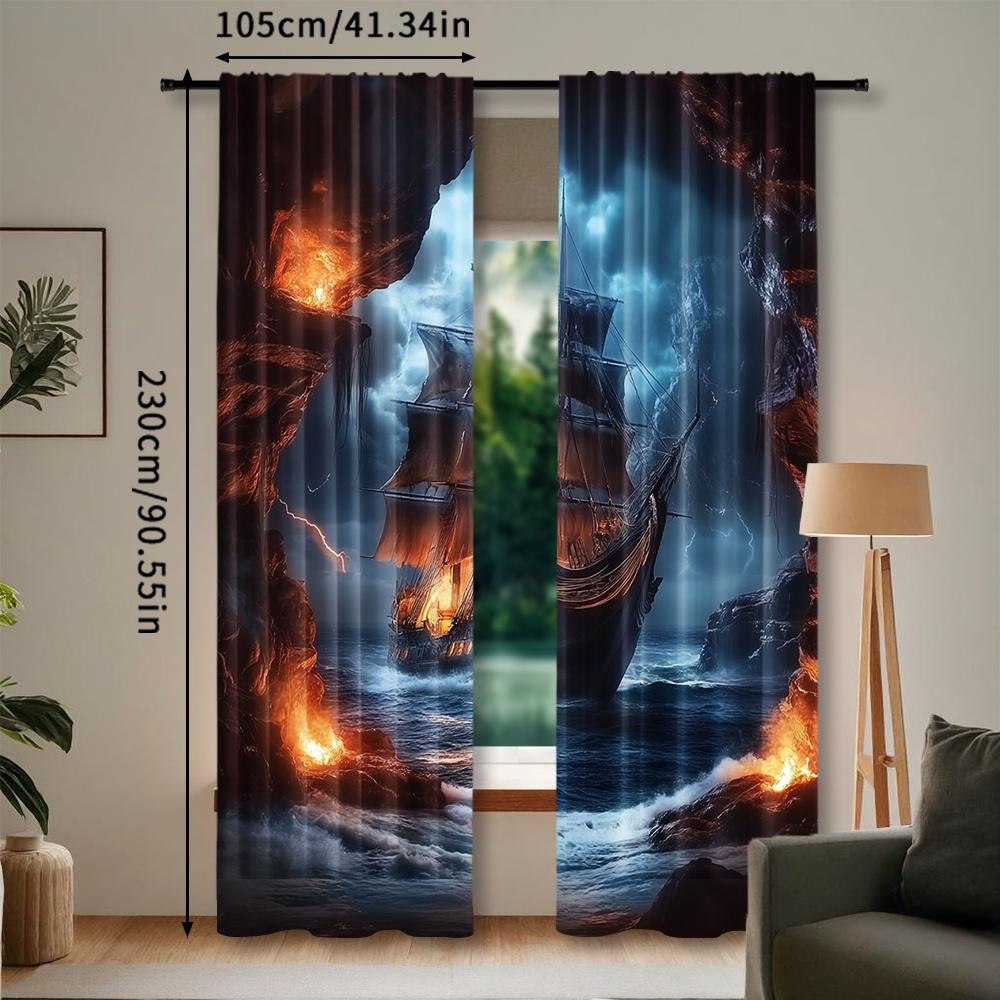 2pcs Pirate Ship & Seaside Cave Adventure Curtains - Semi-Sheer, Rod Pocket Design for Bedroom, Living Room, Kitchen, Office Decor