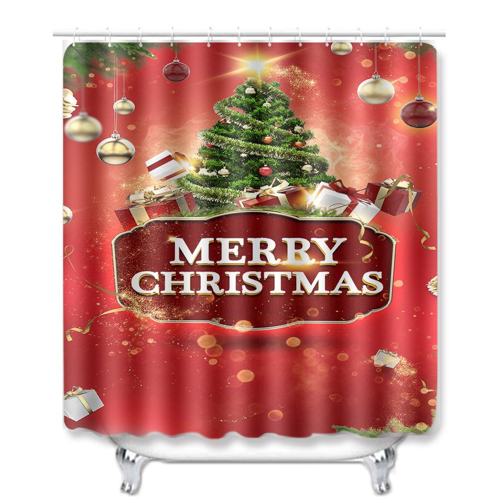 Christmas Home Shower Curtain Polyester Cloth Four-Piece Toilet Floor Mat Bathroom Non-Slip Door Mat Bedroom Carpet