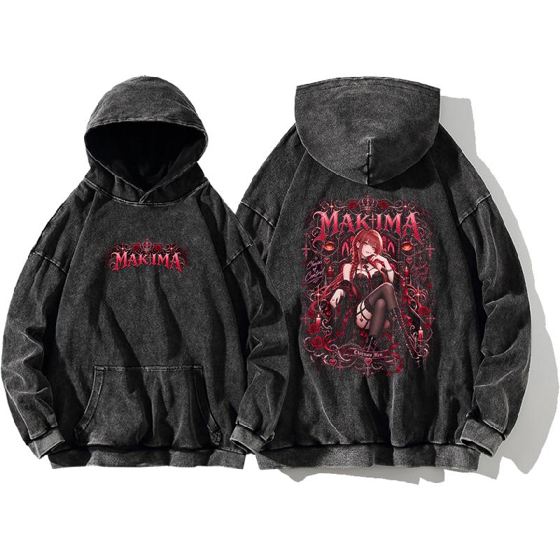 Anime Chainsaw Man Makima Gothic Hoodies Vintage Washed Streetwear Men Women Clothing Fall Long Sleeves Loose Cotton Hooded Tops