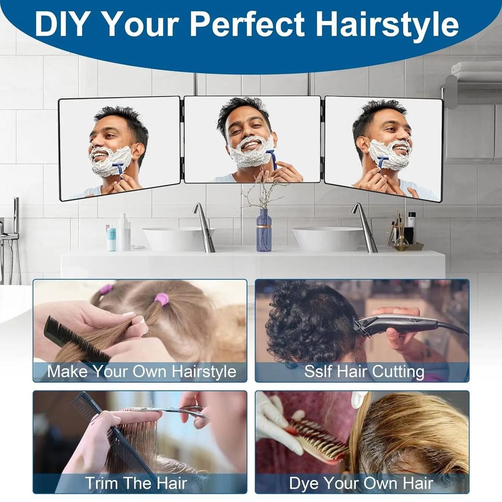 Black Portable 360 Trifold Mirror with Height Adjustable Telescoping Hooks Ideal for Self Hair Cutting Makeup Essential Fordable