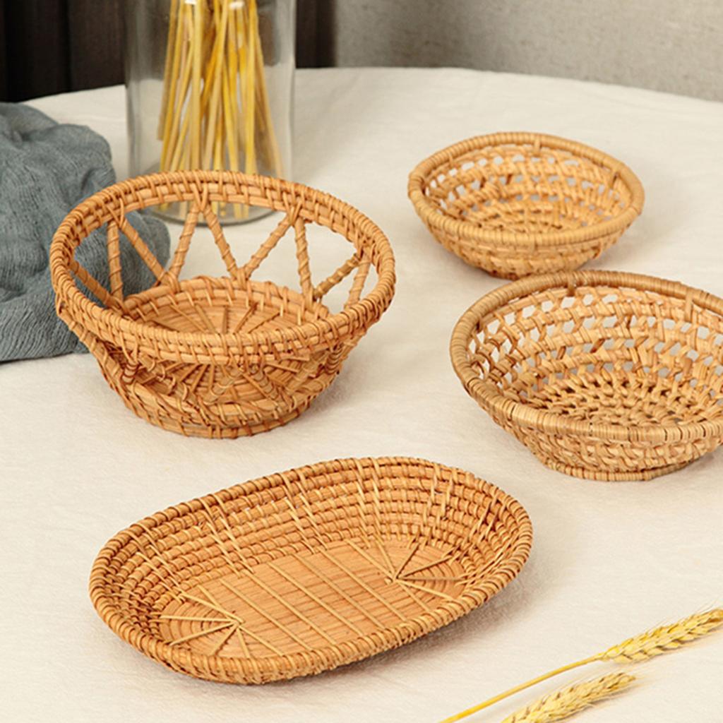 Natural Rattan Storage Kitchen Fruit Basket Handmade Woven Tray Breakfast Bread Baking Organizer Basket For Snack Candy Storage