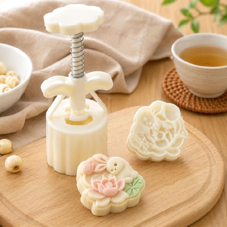 Набор штампов для лунных пряников DIY 50 г с узорами из лотосов и кролика, ручные пластиковые формы-пресс для приготовления праздничной выпечки и семейных десертов