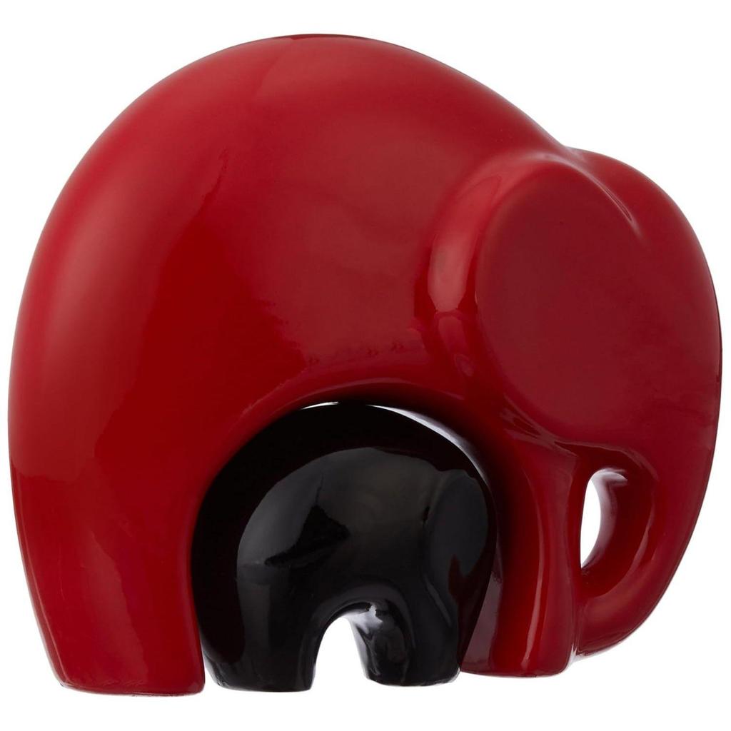 New Home Decor Happy Charm Elephant Mother & Child | Piano Finish Ceramic Figures (Set of 2 Pieces, Red and Black)