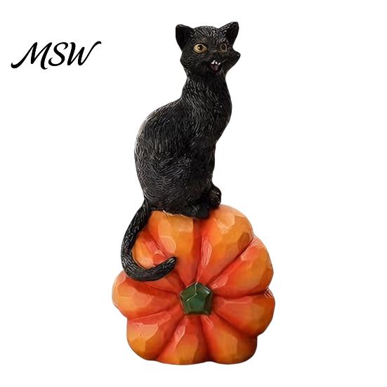 Seasonal Festive Atmosphere Props Halloween Black Cat Pumpkin Ornament, Vintage Wood Carving Style Artistic Resin Crafts for Home Figurine,