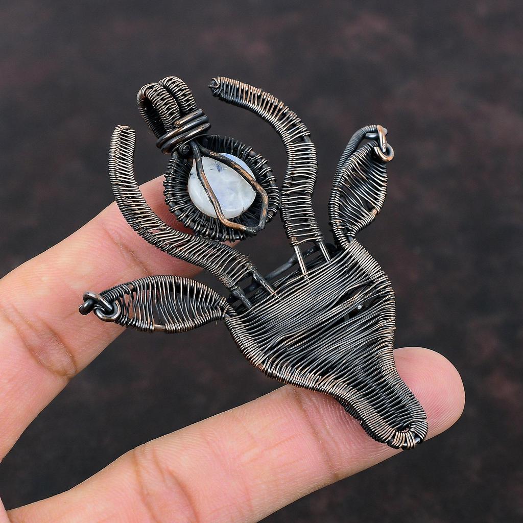 Rainbow Moonstone Pendant Copper Wire Wrapped Jewelry Gemstone Cow Face Pendant Copper Pendant Handmade Jewelry For Gift Wire Wrap Pendants