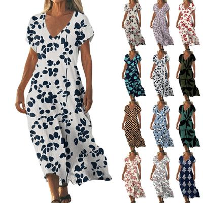 Модное женское летнее пляжное платье с V-образным вырезом и коротким рукавом с цветочным принтом