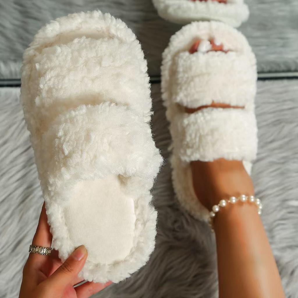 Fashion Women Home Fluffy Slippers Plush Ladies Winter Casual Platform Indoor Slides Flats Warm Open Toe Slippers Women Zapatos Mujer