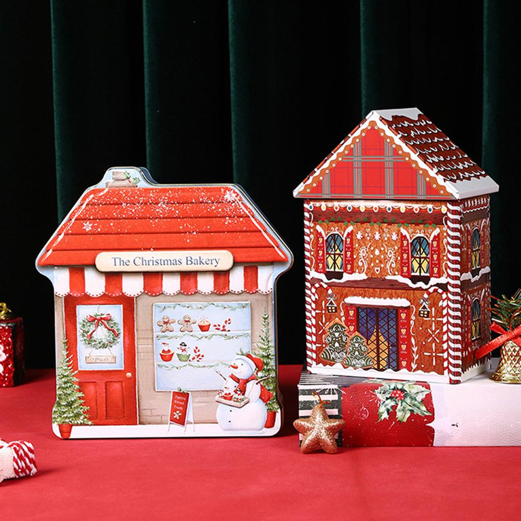 Праздничная жестяная коробка в форме рождественского домика, праздничный декоративный металлический контейнер для праздничного декора и органайзер для хранения конфет
