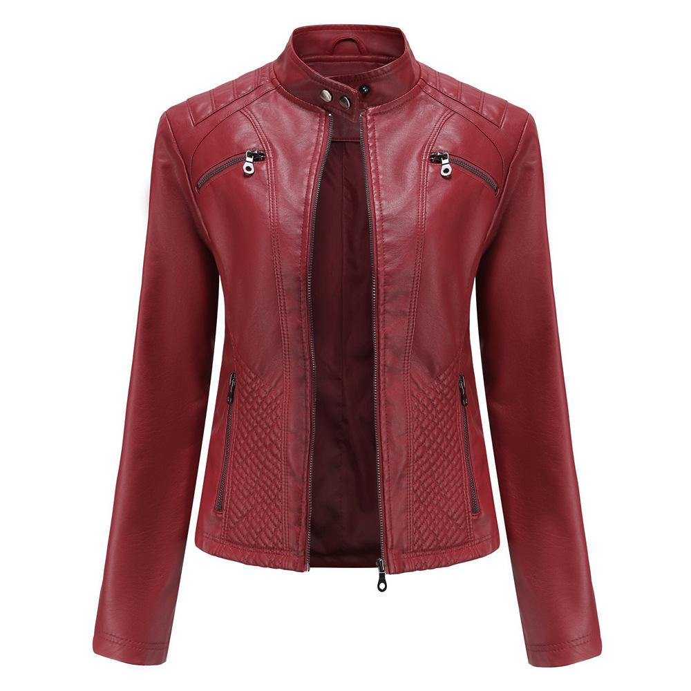 Women's Slim Fit Casual Leather Jacket with Stand Collar - Solid Color Spring/Autumn Outerwear