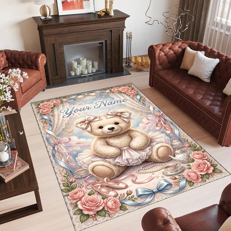 Teddy Bear Theme Crystal Velvet Rug Personalized Custom Name Text Soft Floor Mat Home Decor
