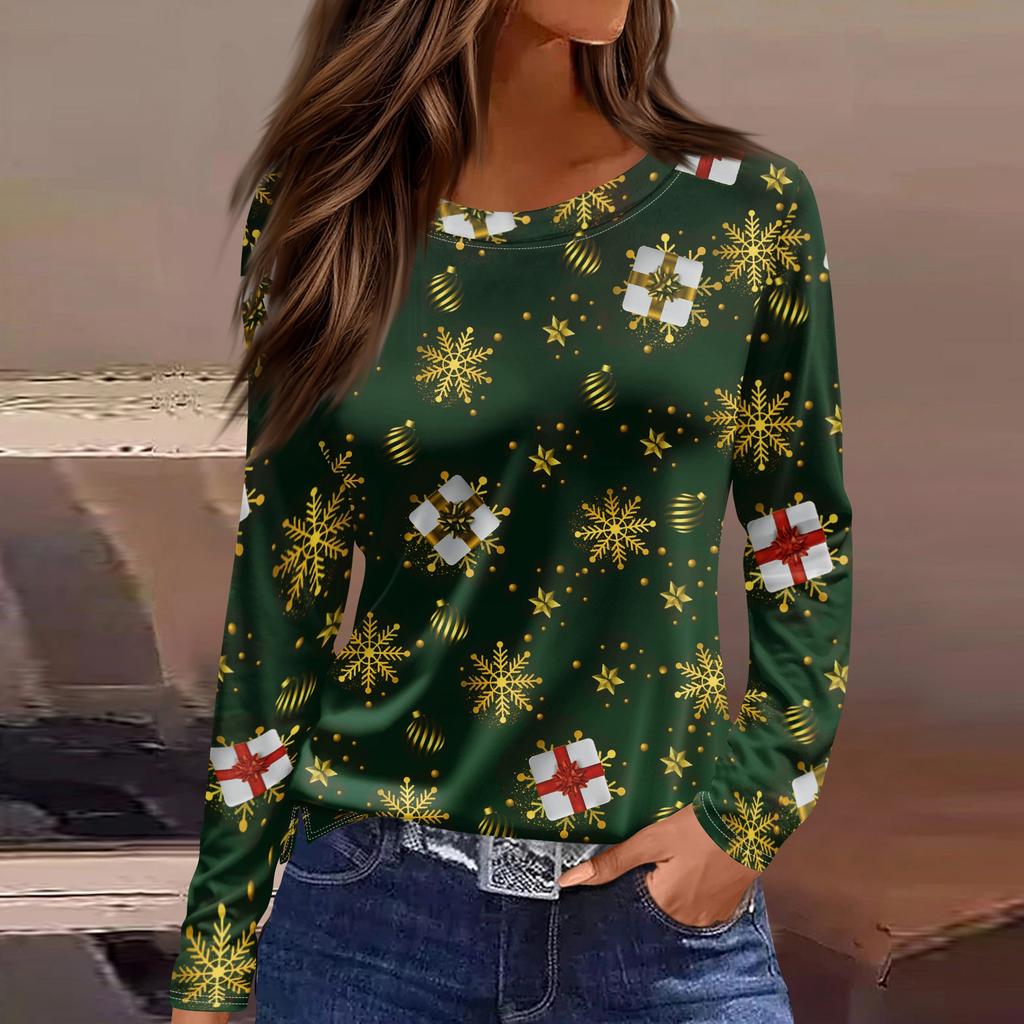 Women's Fashion Casual Slit Hem Round Neck Long Sleeve Loose Printed T-Shirt Ladies Top Christmas