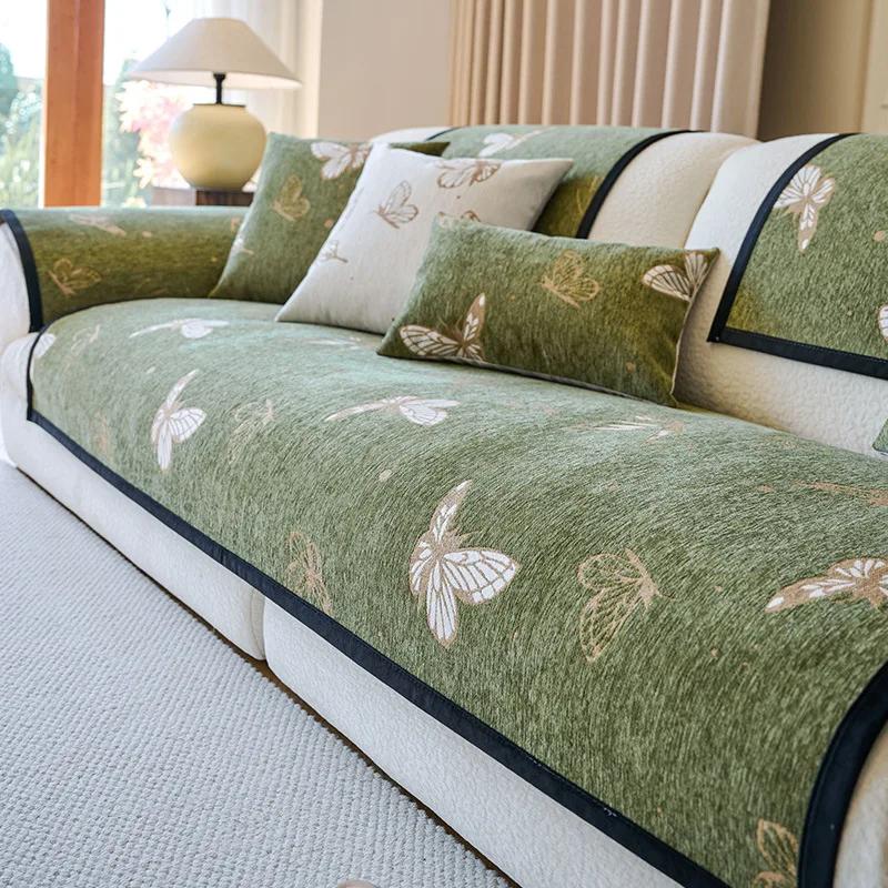 Modern Chenille Sofa Cover Butterfly Embroidery Sofa Cushion Four Season Universal Couch Mat Living Room Anti-slip Sofa Cover