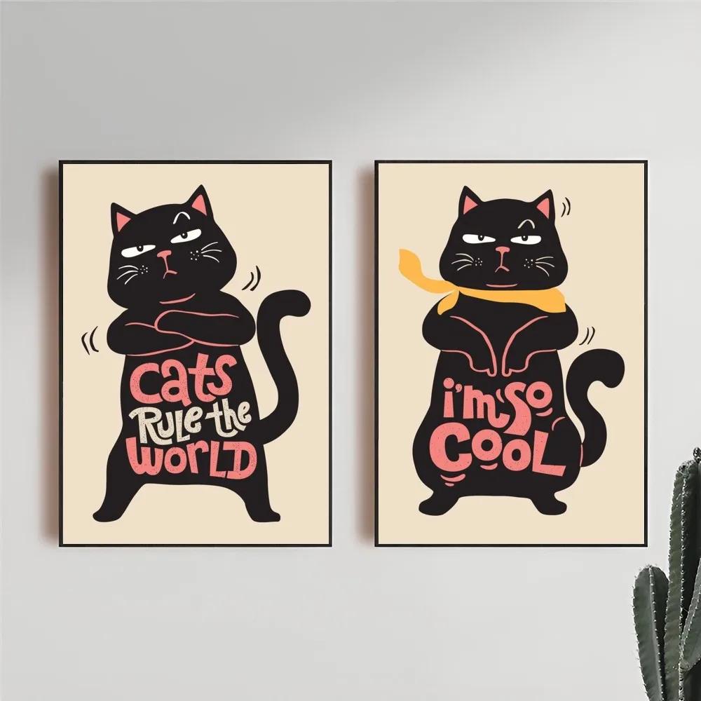 1PC Black Funny Cats Rule The World Print Poster Paper Waterproof HD Sticker Bedroom Entrance Home Living Room Bar Wall Decor