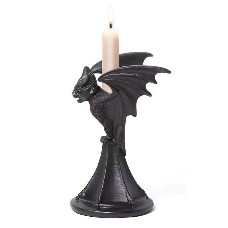 Gothic Candle Holder Vintage Cat Wolf Bat Statue Halloween Candlestick For Home Party Decoration Resin Sculpture